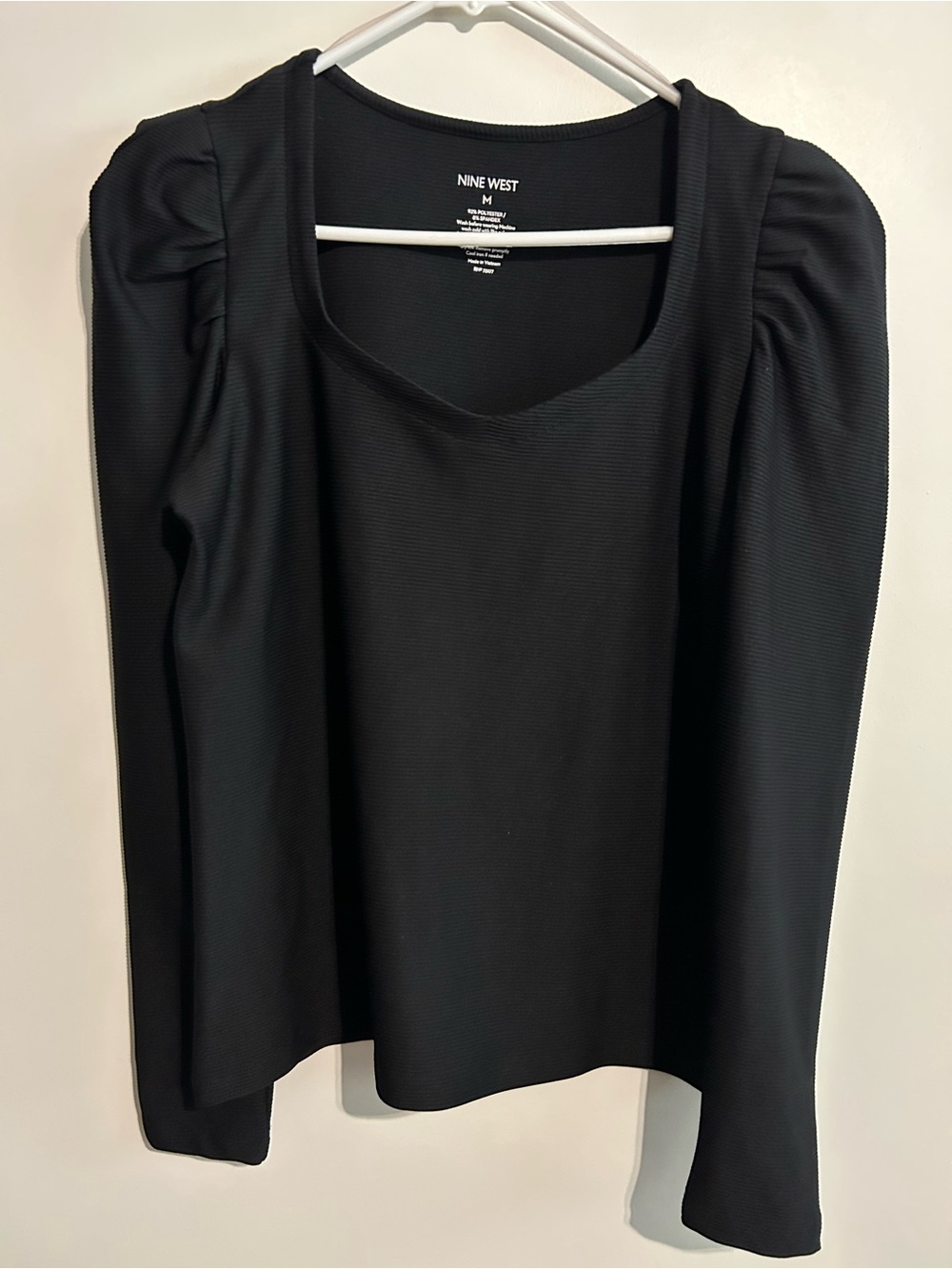 Nine West Black Long-Sleeve Scoop Neck Top with Puff Shoulders